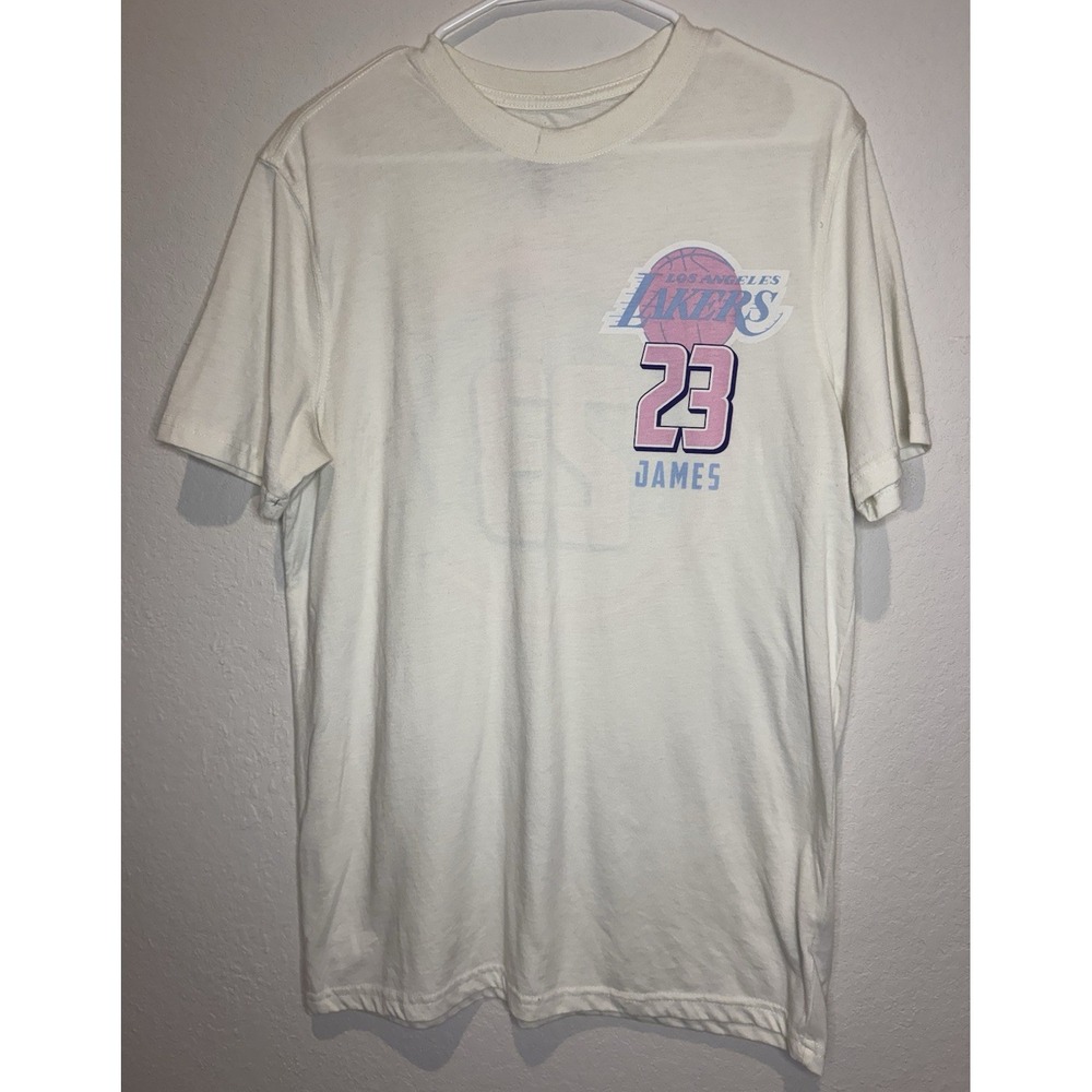 LeBron James Lakers NBA T-Shirt Medium Cream Pink Blue Double Sided Graphic